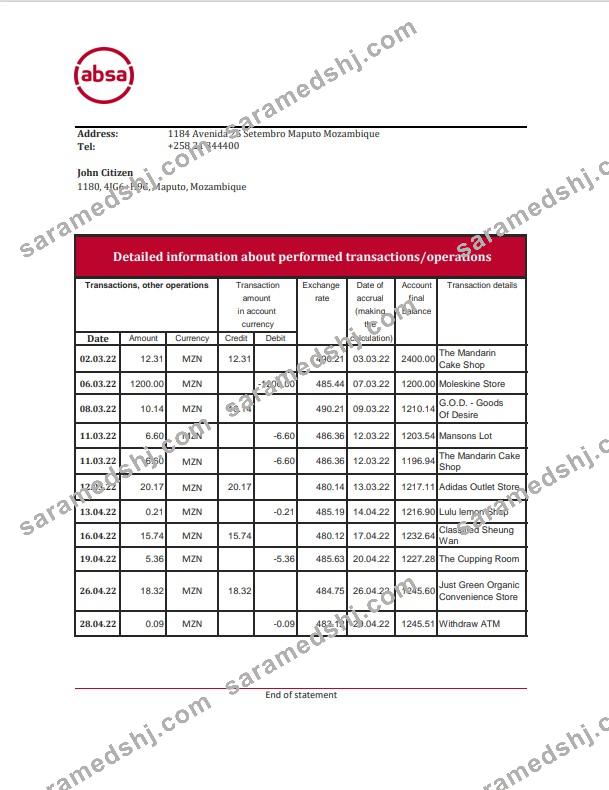 Mozambique ABSA bank statement Excel and PDF template